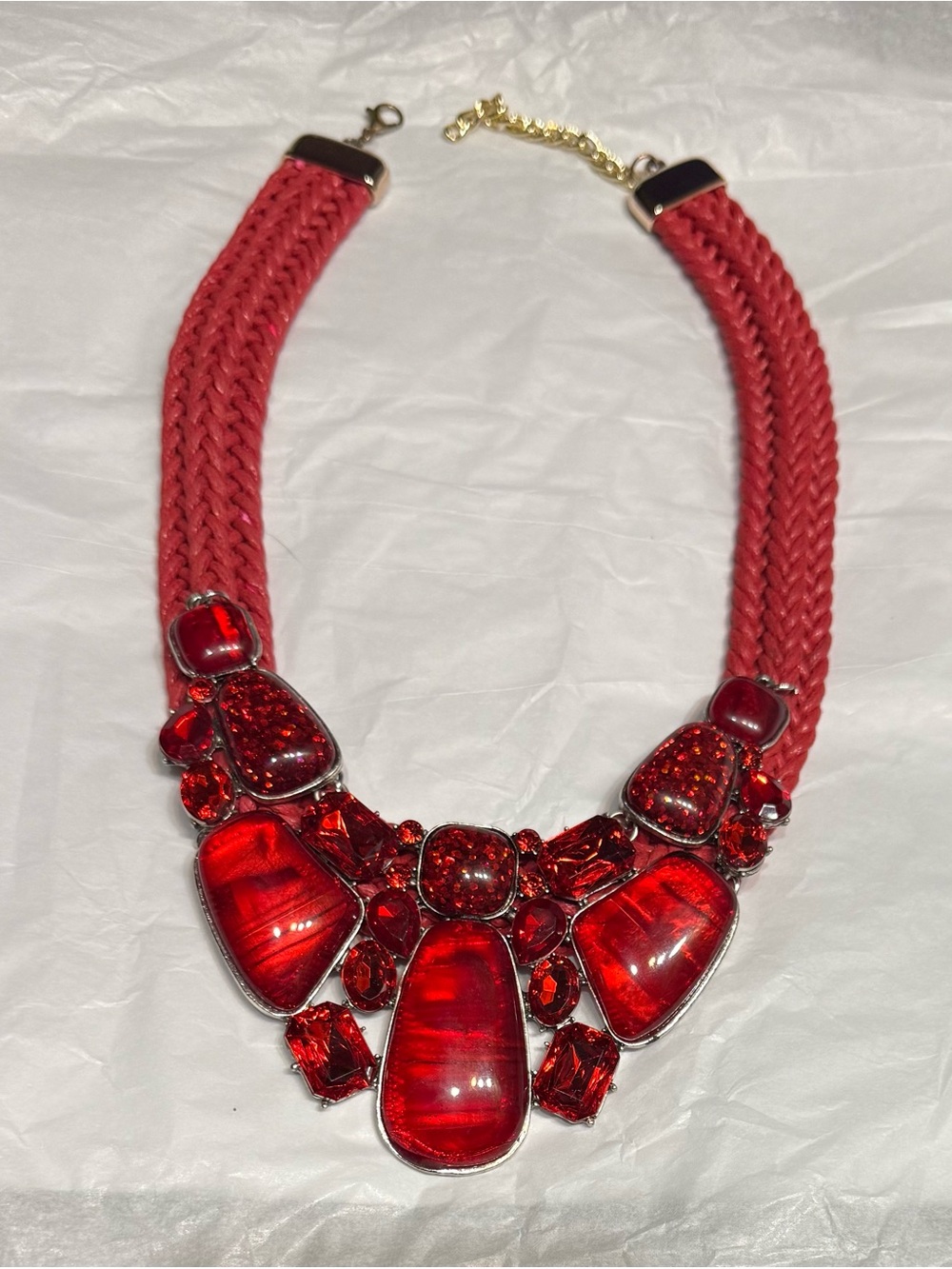 Red Braided Rope Bib Necklace w/ Red Crystal Cabochons, Adjustable